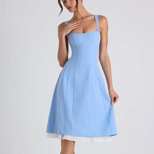 Oh Polly Isadora Bow-Detailed Pleated A-Line Midi Dress in Sky Blue